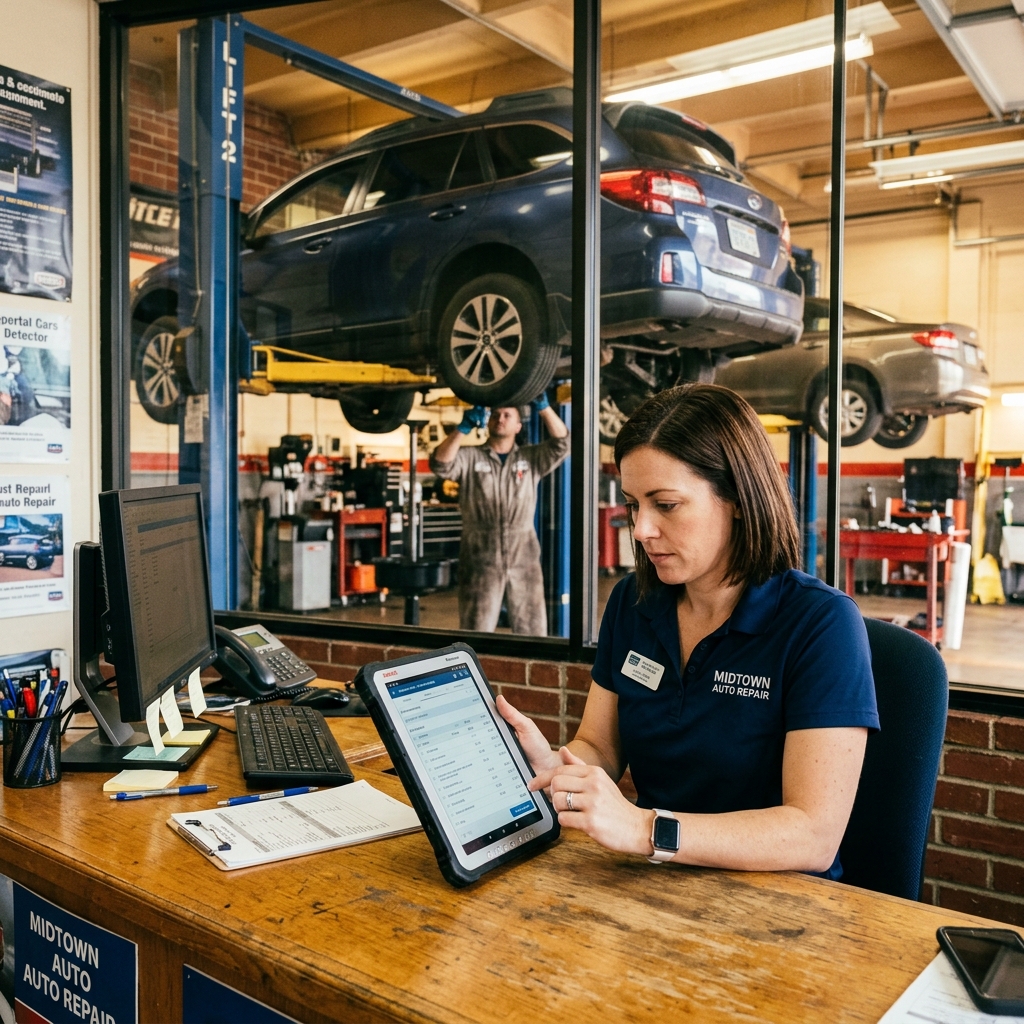 auto repair shop manager reviewing digital invoices and estimates on a tablet at a front desk with a car being serviced in the background