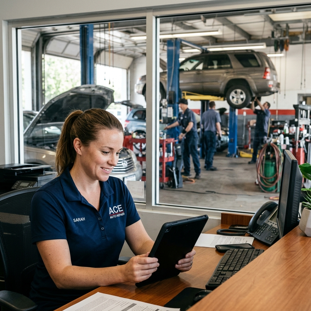 Auto repair shop manager reviewing digital repair order data on a tablet at a service desk with vehicles in background.