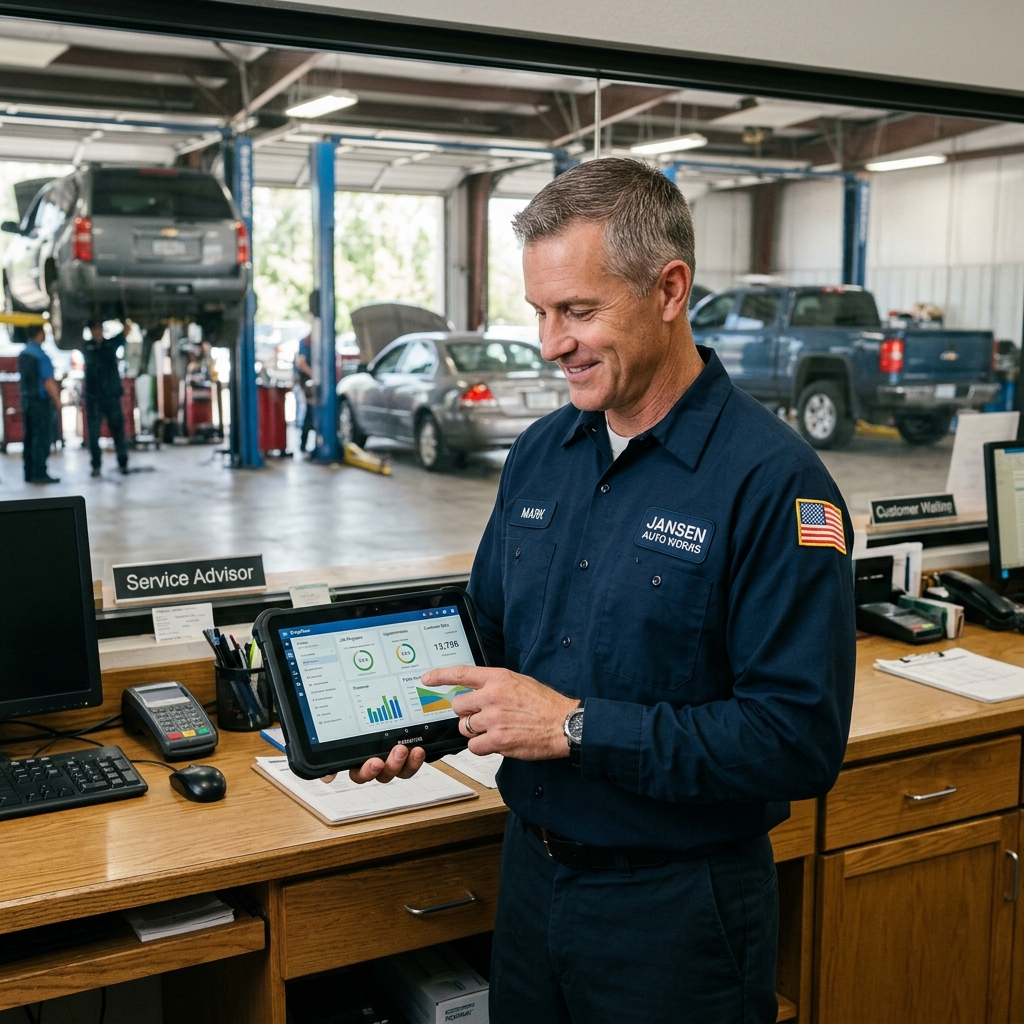 auto repair shop manager reviewing digital workflow on a tablet at a service counter with vehicles in the background