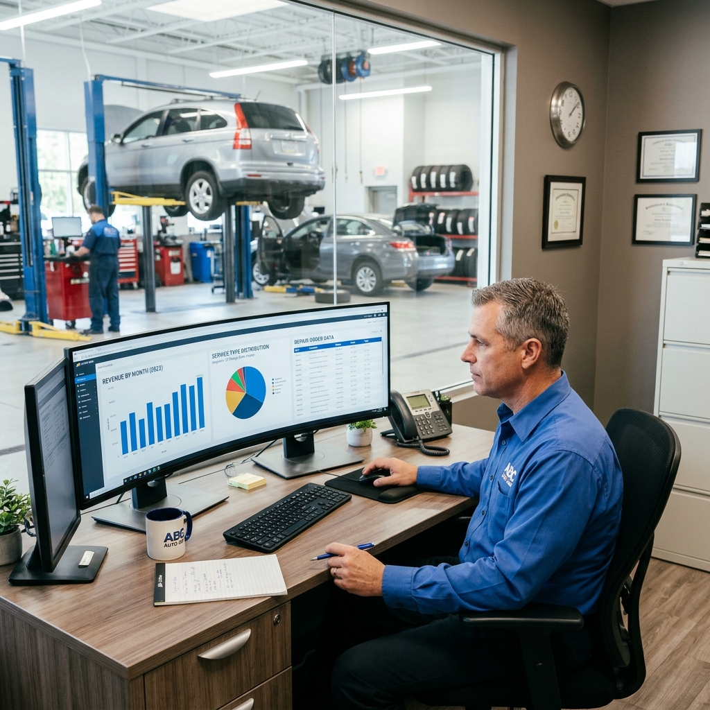 auto repair shop manager reviewing multi-location performance dashboards on a desktop computer in a modern service office