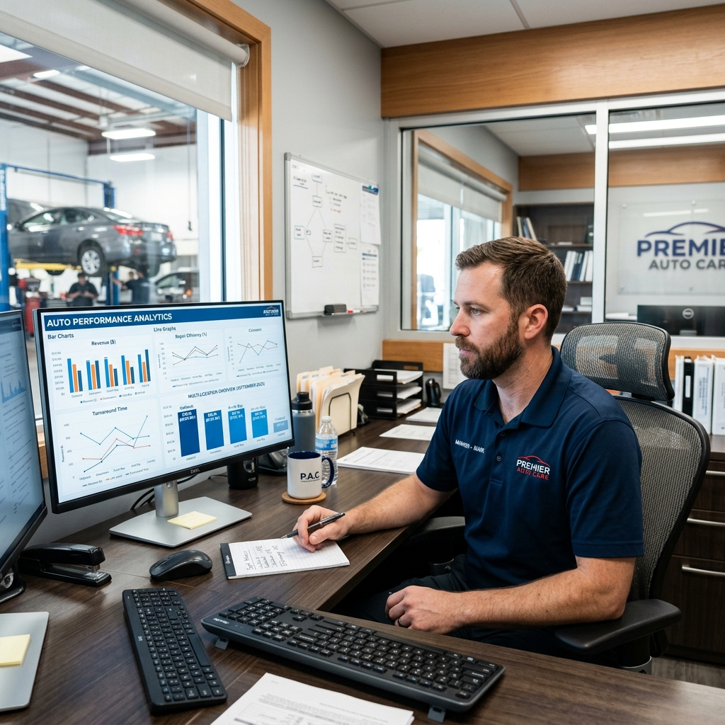Auto repair shop manager reviewing multi-location performance dashboards on a desktop computer in a modern office