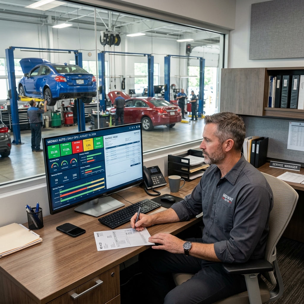 auto repair shop manager reviewing real-time billing dashboards on a desktop screen inside a modern multi-bay garage