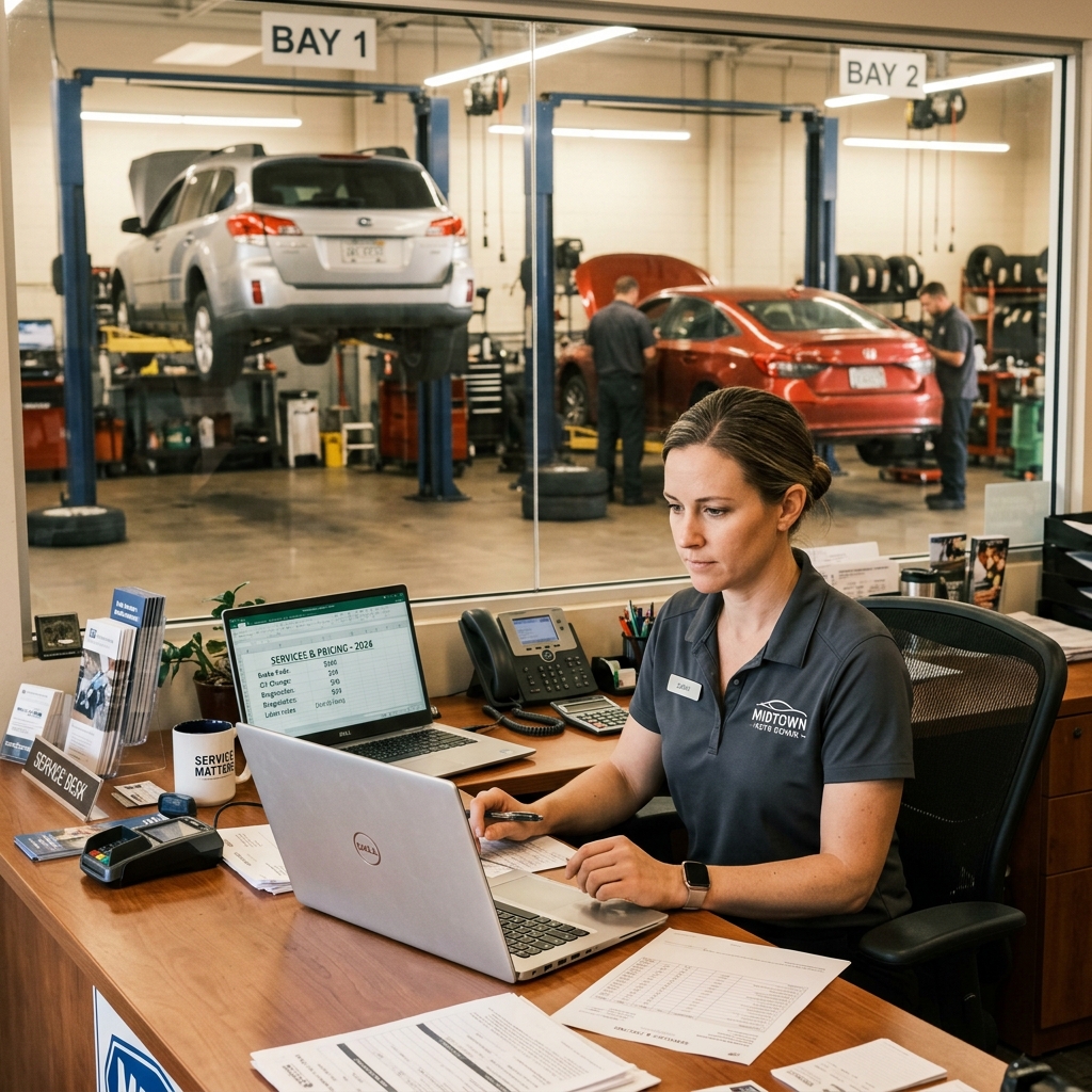 Auto repair shop manager reviewing software pricing plans on a laptop at a service desk with repair bays in background.