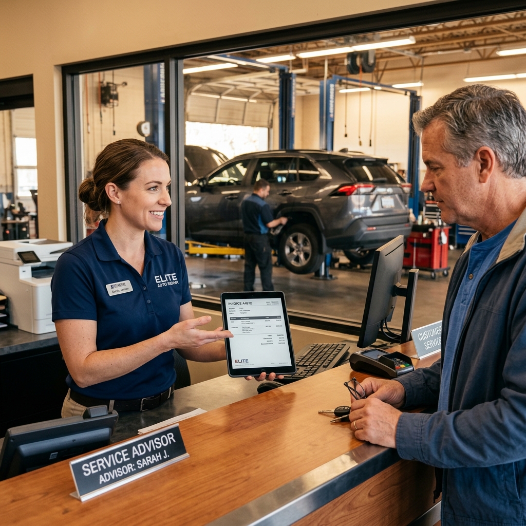 auto repair shop manager using a tablet at the front counter to review a digital invoice with a customer