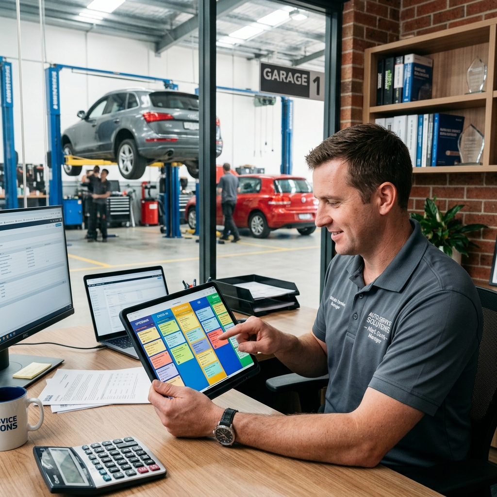 auto repair shop manager using a tablet to view a digital Kanban board showing vehicle repair workflow stages