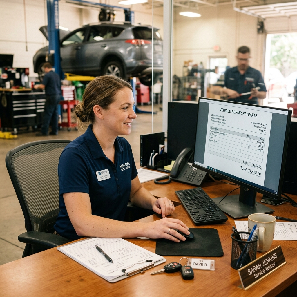 auto repair shop manager using Mitchell 1 shop management software on desktop computer to write a vehicle repair estimate