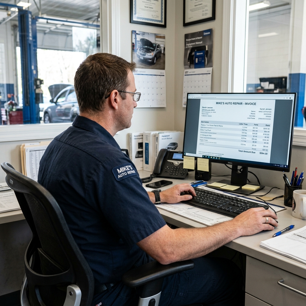 Auto repair shop mechanic reviewing a detailed digital invoice on a desktop screen with vehicle repair data displayed