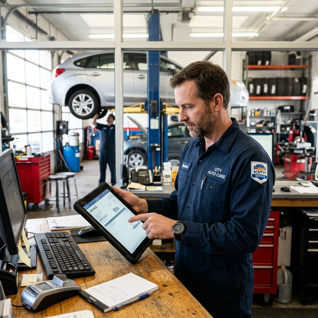 auto repair shop mechanic reviewing a digital invoice on a tablet at a service counter with a car lifted in the background