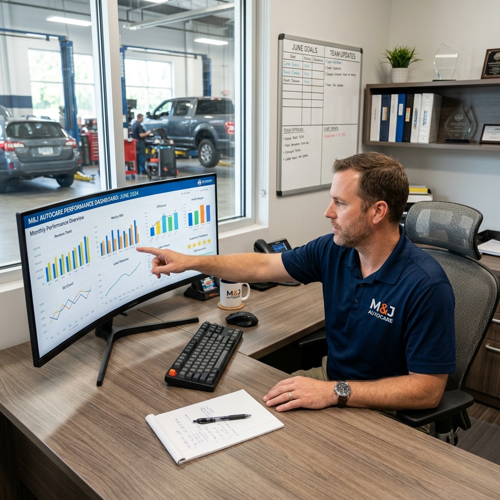 auto repair shop owner reviewing detailed performance dashboards and reporting metrics on a desktop screen in a modern office