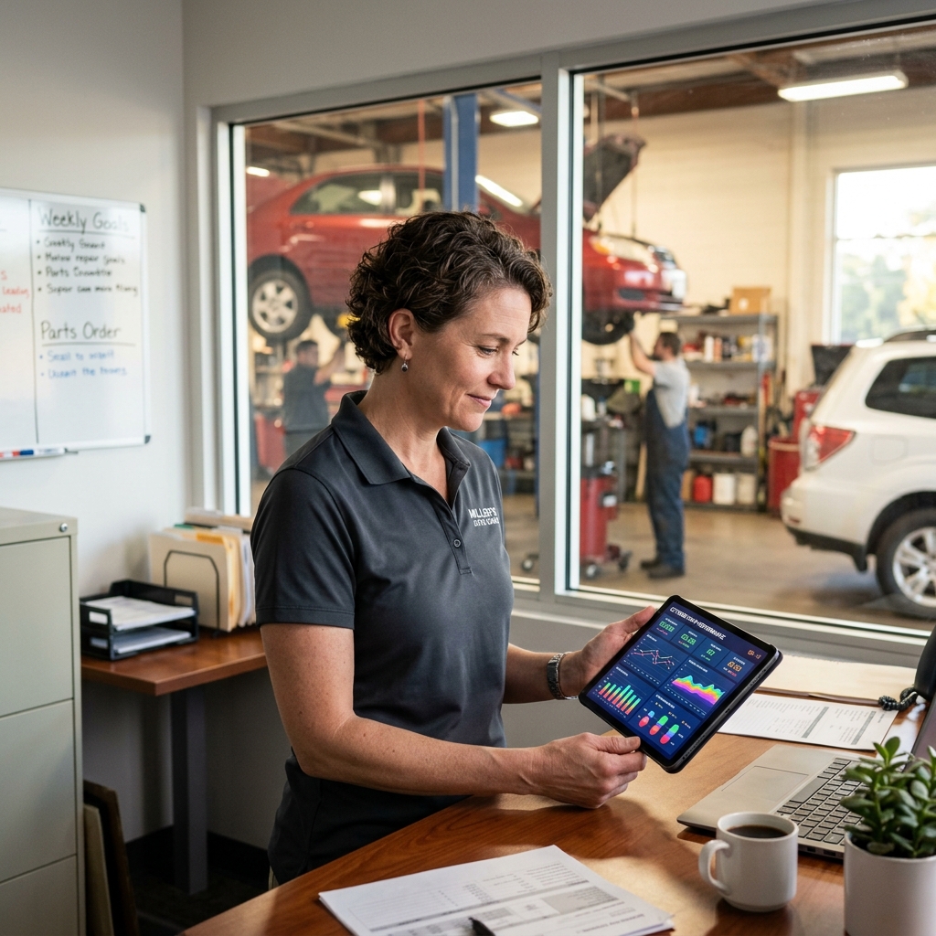 auto repair shop owner reviewing digital dashboard with revenue charts and technician efficiency metrics on a tablet