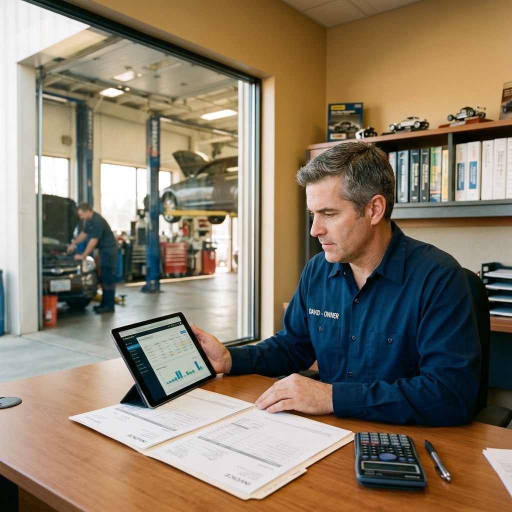 Auto repair shop owner reviewing pricing tiers on a tablet showing software dashboard with financial growth charts