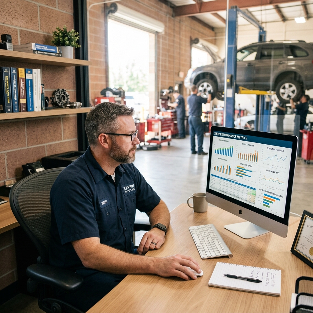 auto repair shop owner reviewing real-time KPI dashboard data on a computer screen in a modern garage office