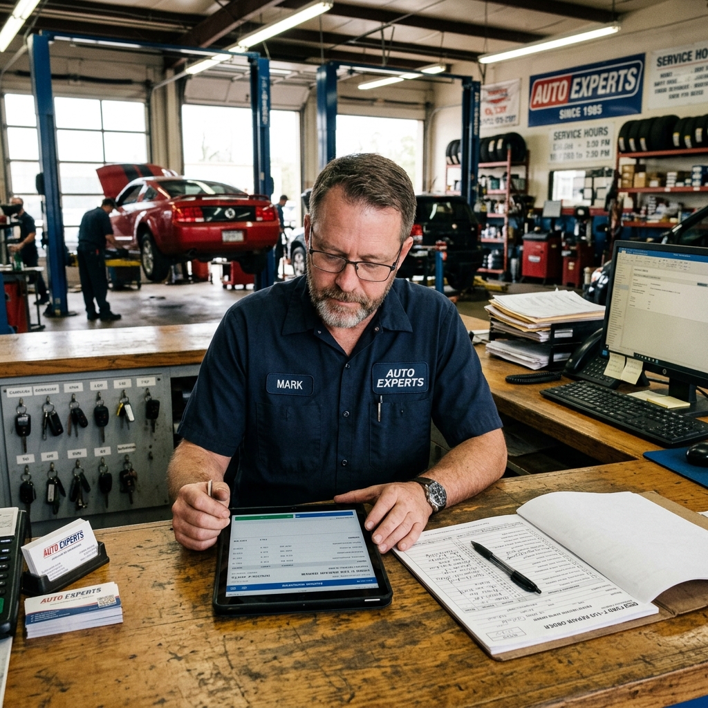 Auto repair shop owner reviewing software on a tablet at a service desk, evaluating management platform features before purchase.