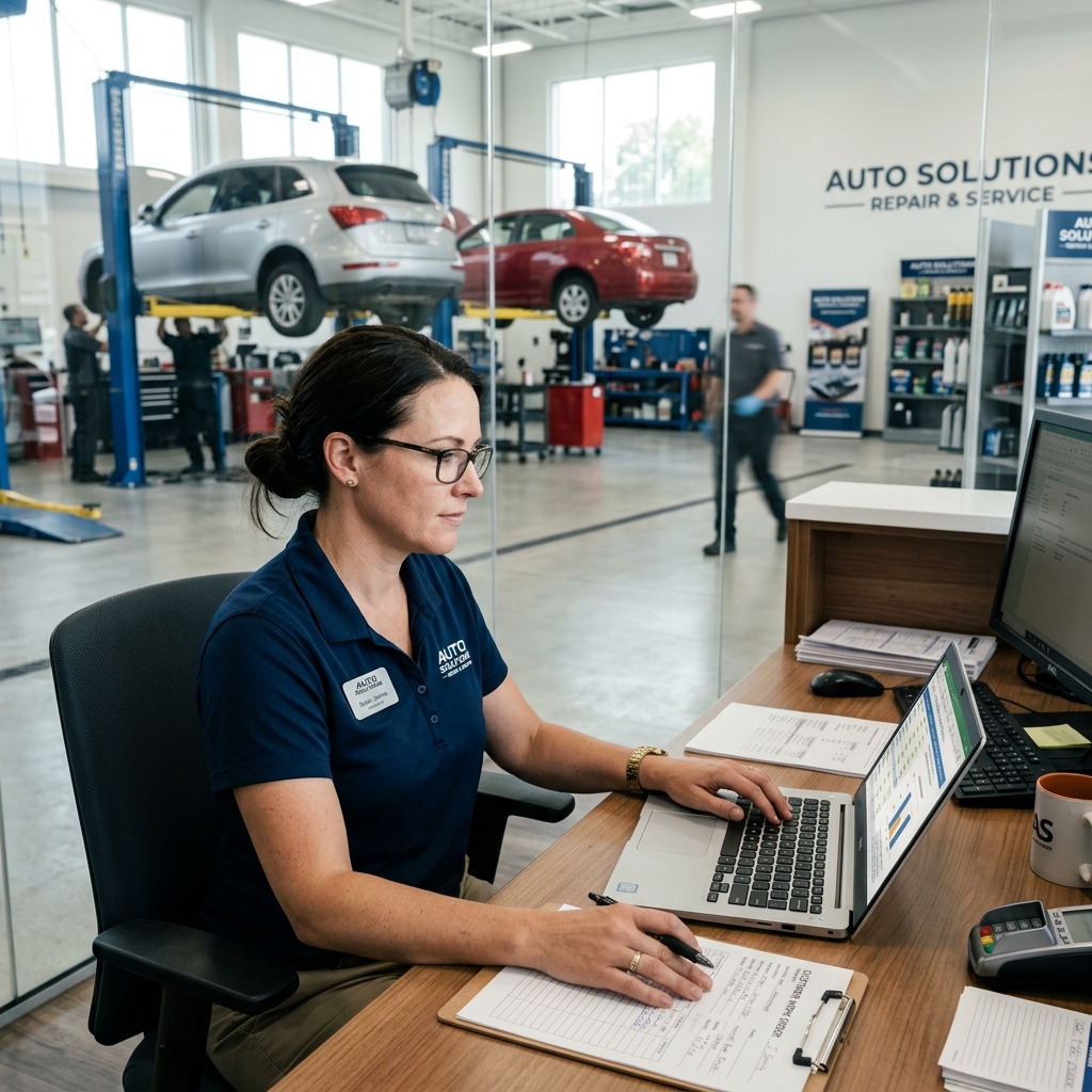 Auto repair shop owner reviewing software pricing options on a laptop at a service desk with vehicles in background.