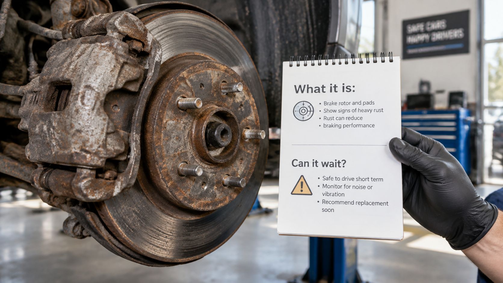 A gloved hand holding a notepad in front of a rusty car brake rotor at a repair shop.