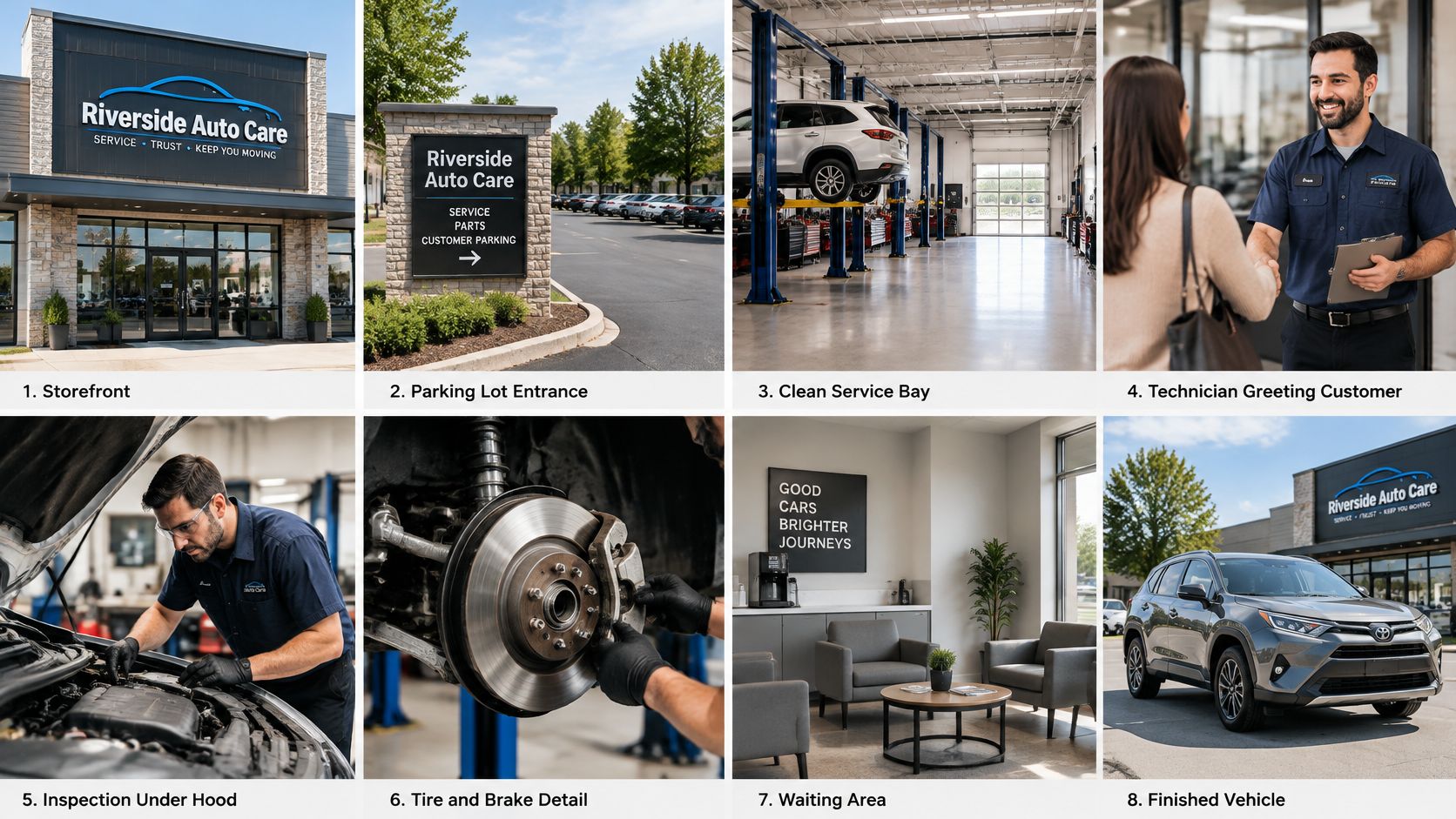 A professional photo collage showing different aspects of a modern auto repair shop facility and its services.