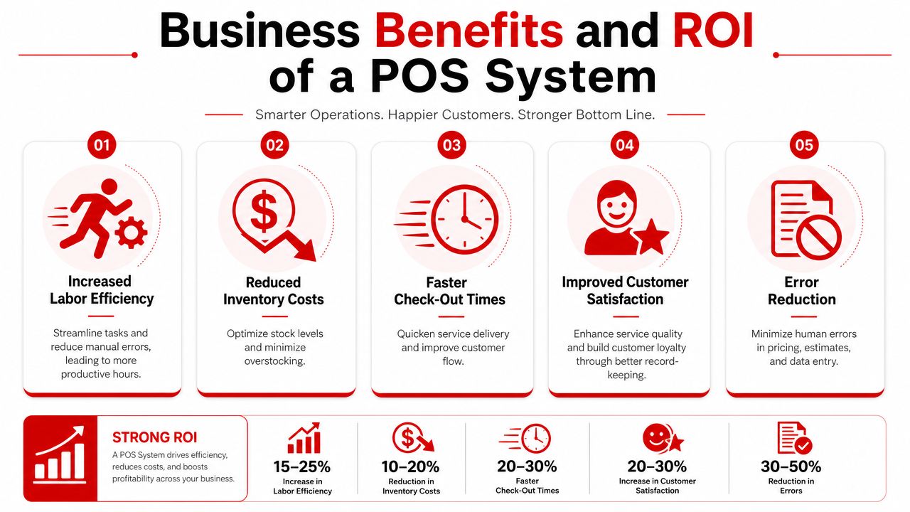 An infographic detailing five key business benefits and projected ROI statistics of implementing a modern POS system.