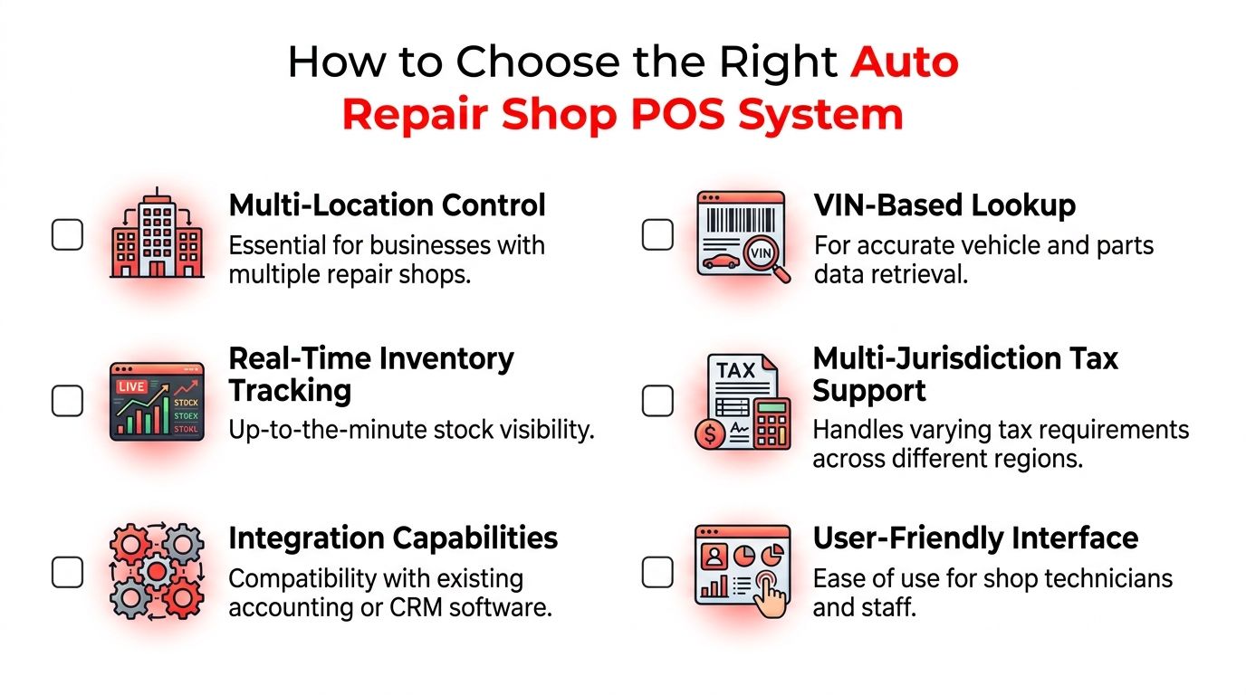 A checklist infographic detailing essential features to look for when selecting an auto repair shop POS system.