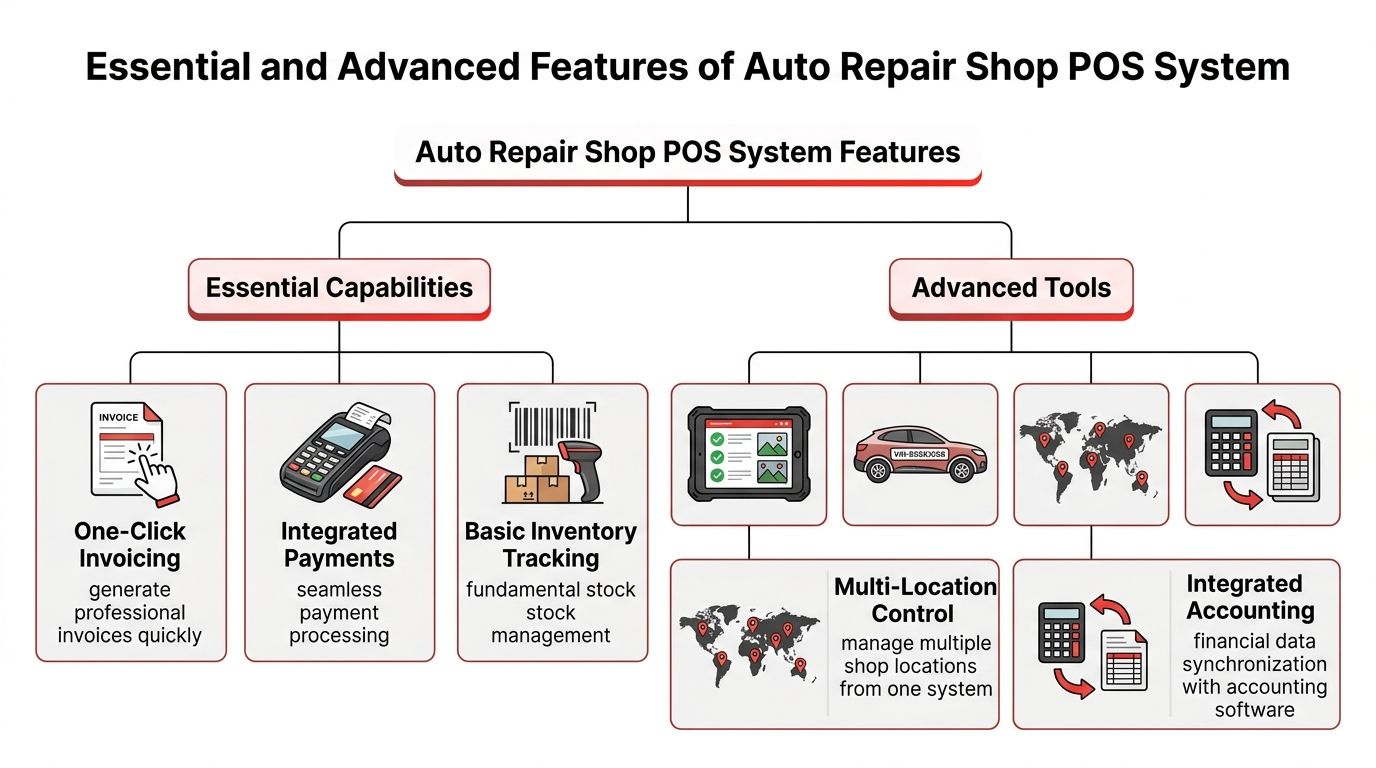 A diagram outlining the essential and advanced features of an auto repair shop point of sale system.
