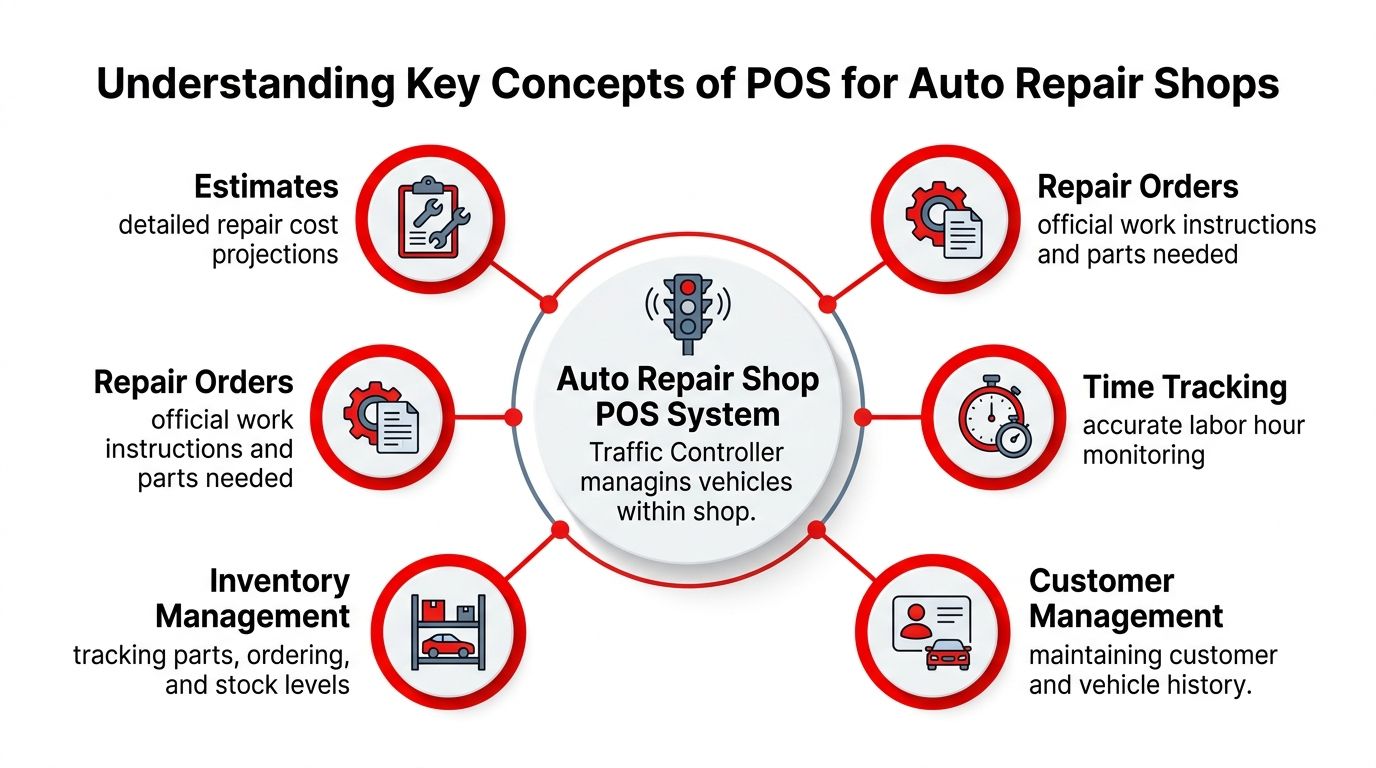 A diagram illustrating the key functional components of a Point of Sale system for auto repair shops.
