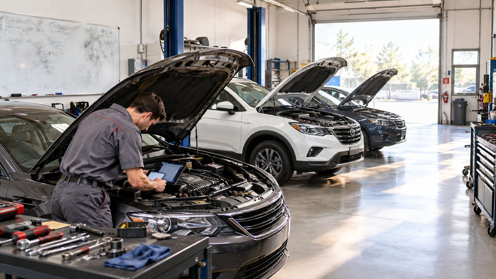 A professional mechanic uses a digital diagnostic tool to inspect an engine inside a busy auto shop.