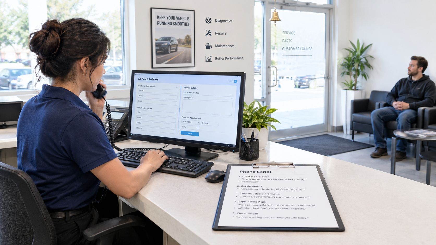 A service advisor taking a phone call and entering vehicle information at an auto repair shop.
