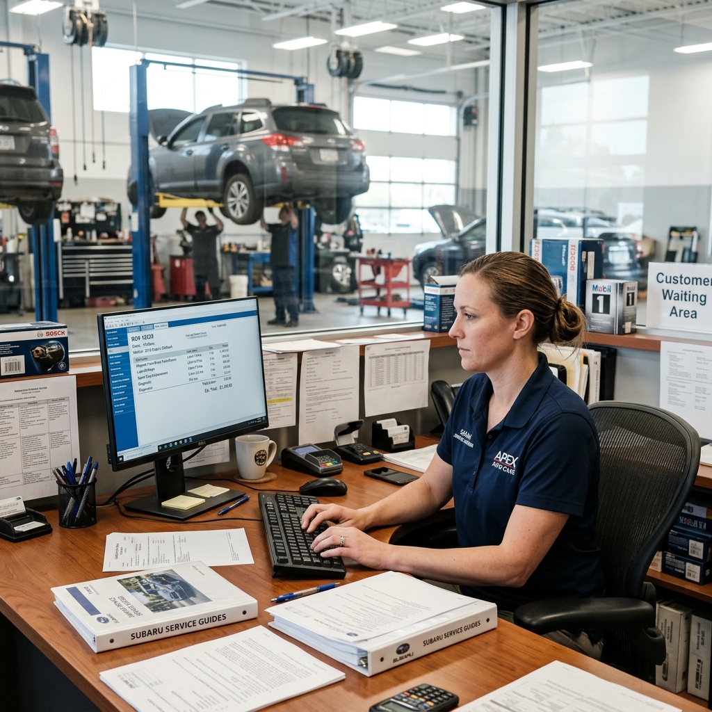 auto repair shop service writer creating an invoice on desktop software with labor data and repair orders on screen