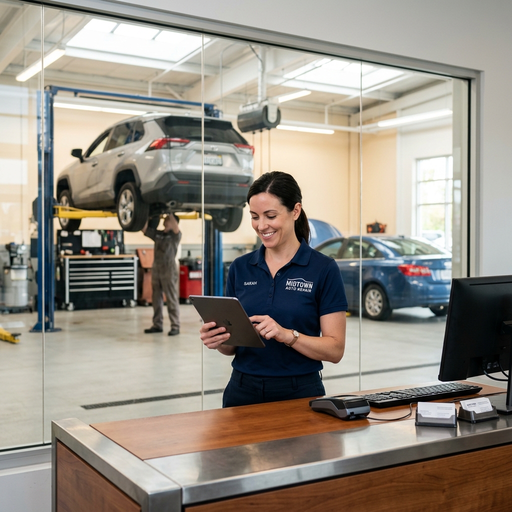 Auto repair shop service writer reviewing a digital invoice on a tablet at a modern front desk with a car in the bay behind