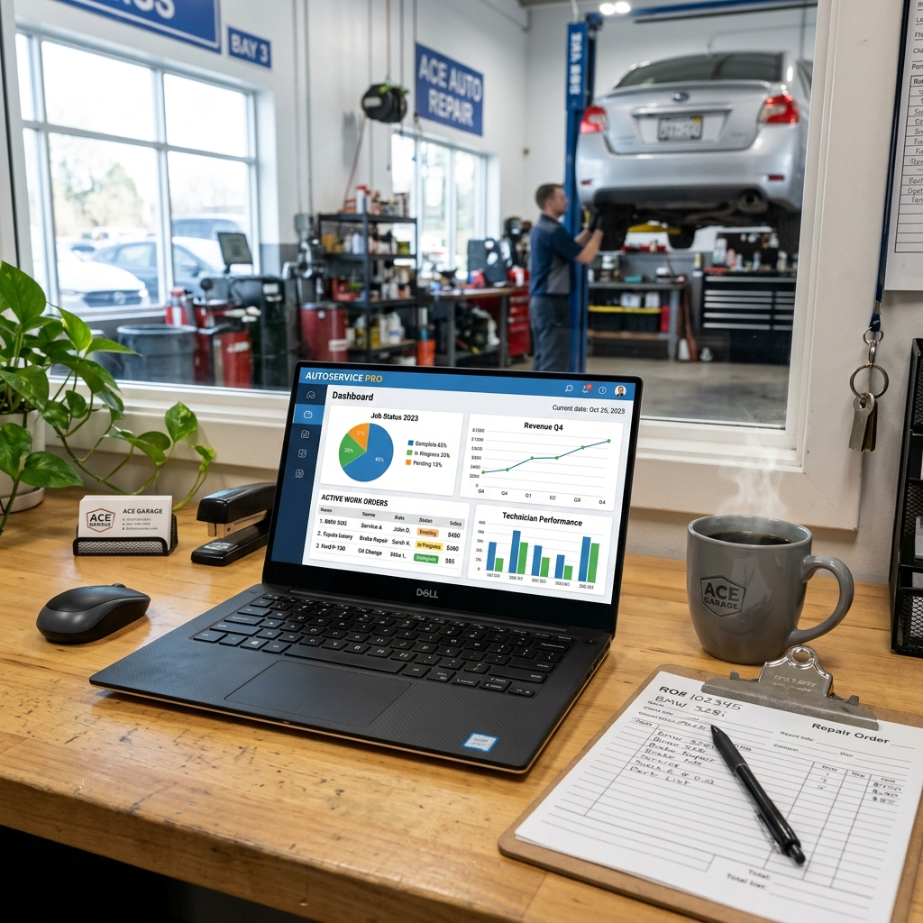 Auto repair shop software comparison displayed on a laptop screen in a clean modern auto repair office setting.