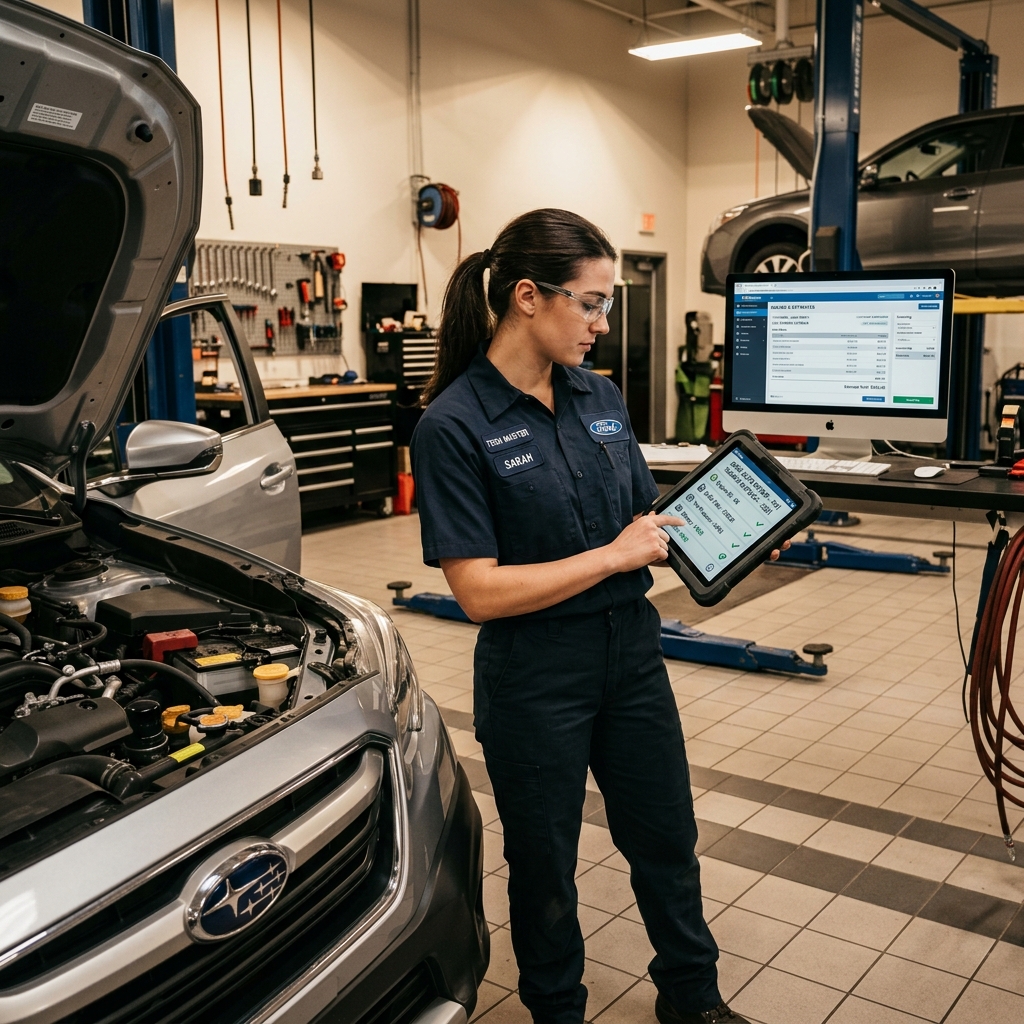 Auto repair shop technician reviewing a digital vehicle inspection on a tablet, with invoice and estimate screens visible on a nearby monito