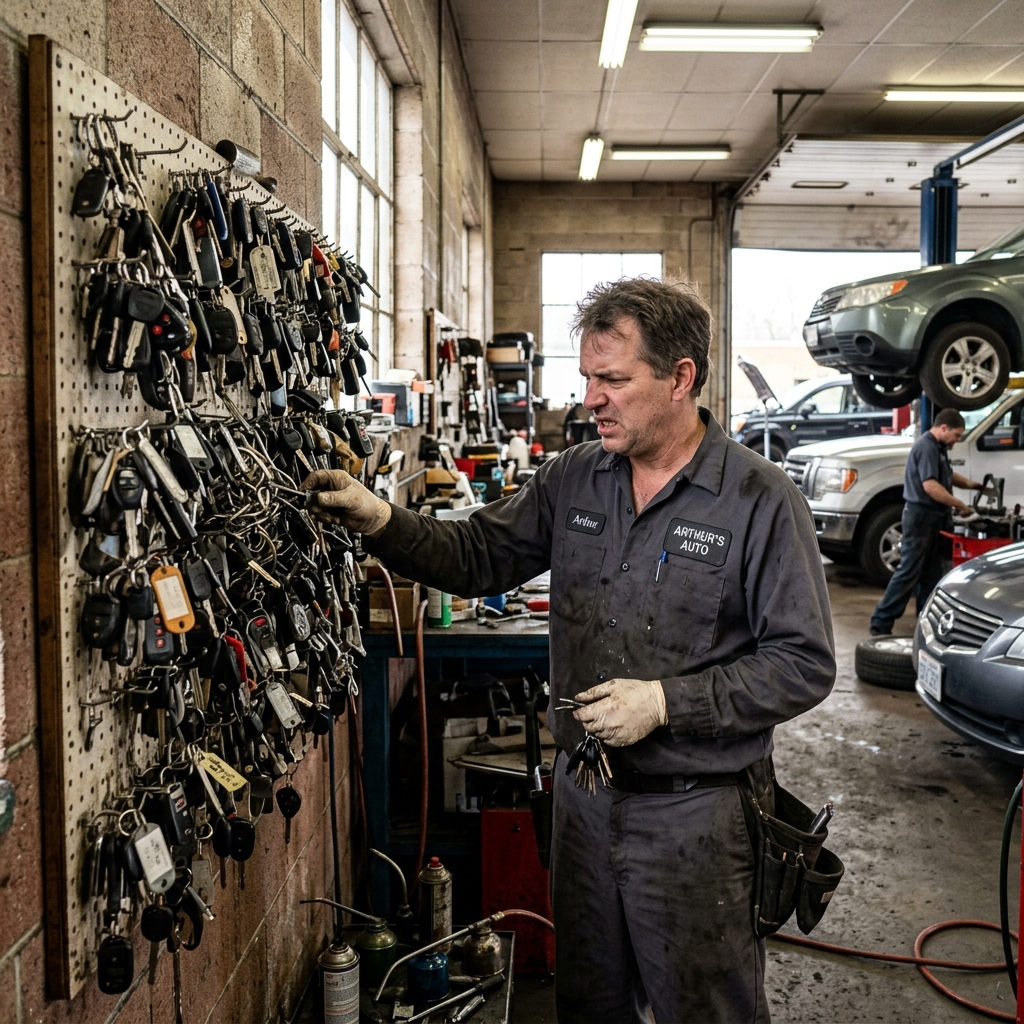 Auto repair shop technician searching through a cluttered key board with multiple unlabeled vehicle keys hanging in disarray