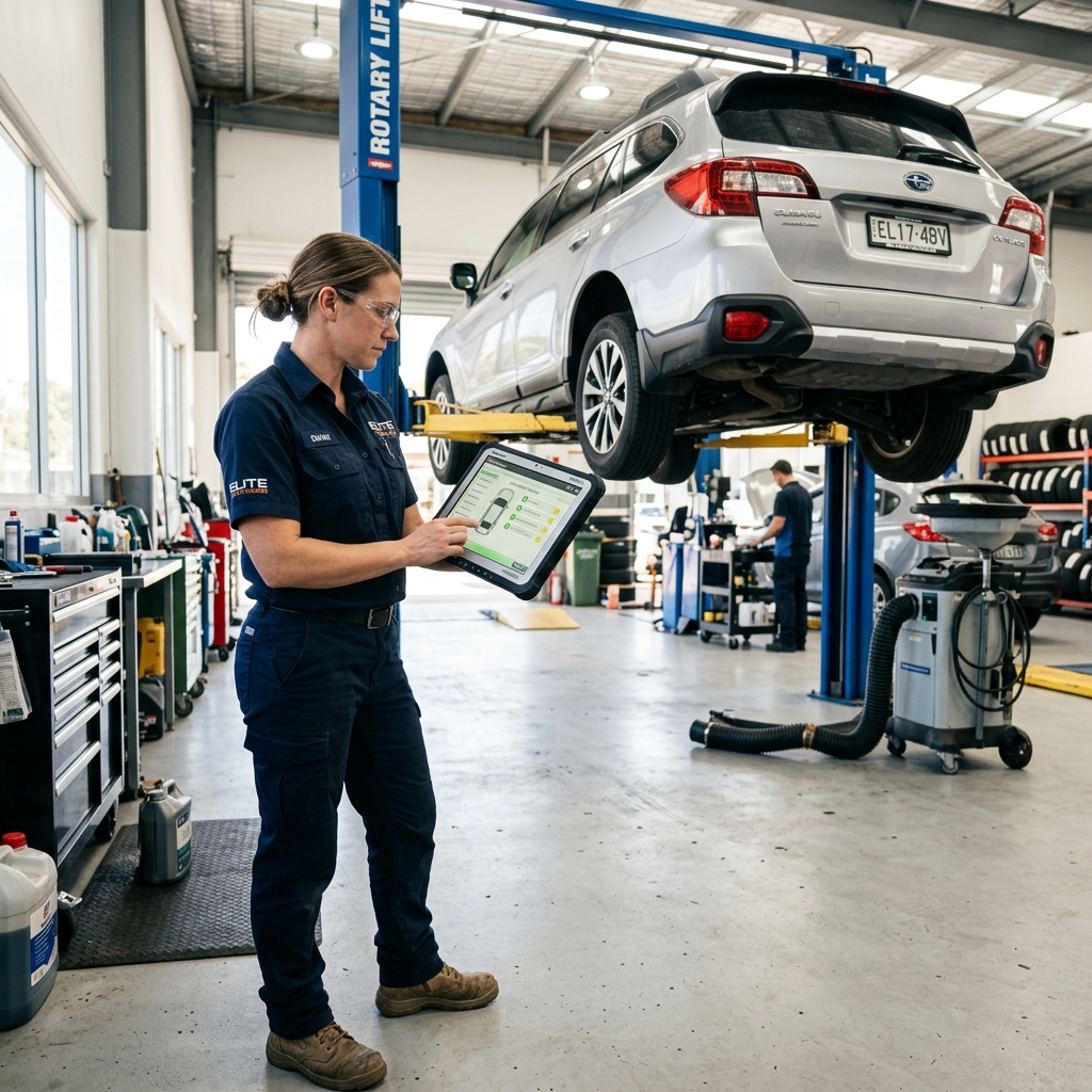 Auto repair shop technician using a tablet for digital vehicle inspection in a modern garage bay with a lifted car