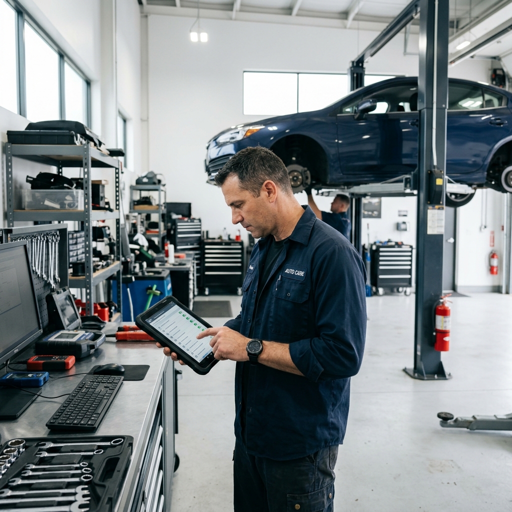 auto repair shop technician using a tablet to manage a digital vehicle inspection on a modern shop floor