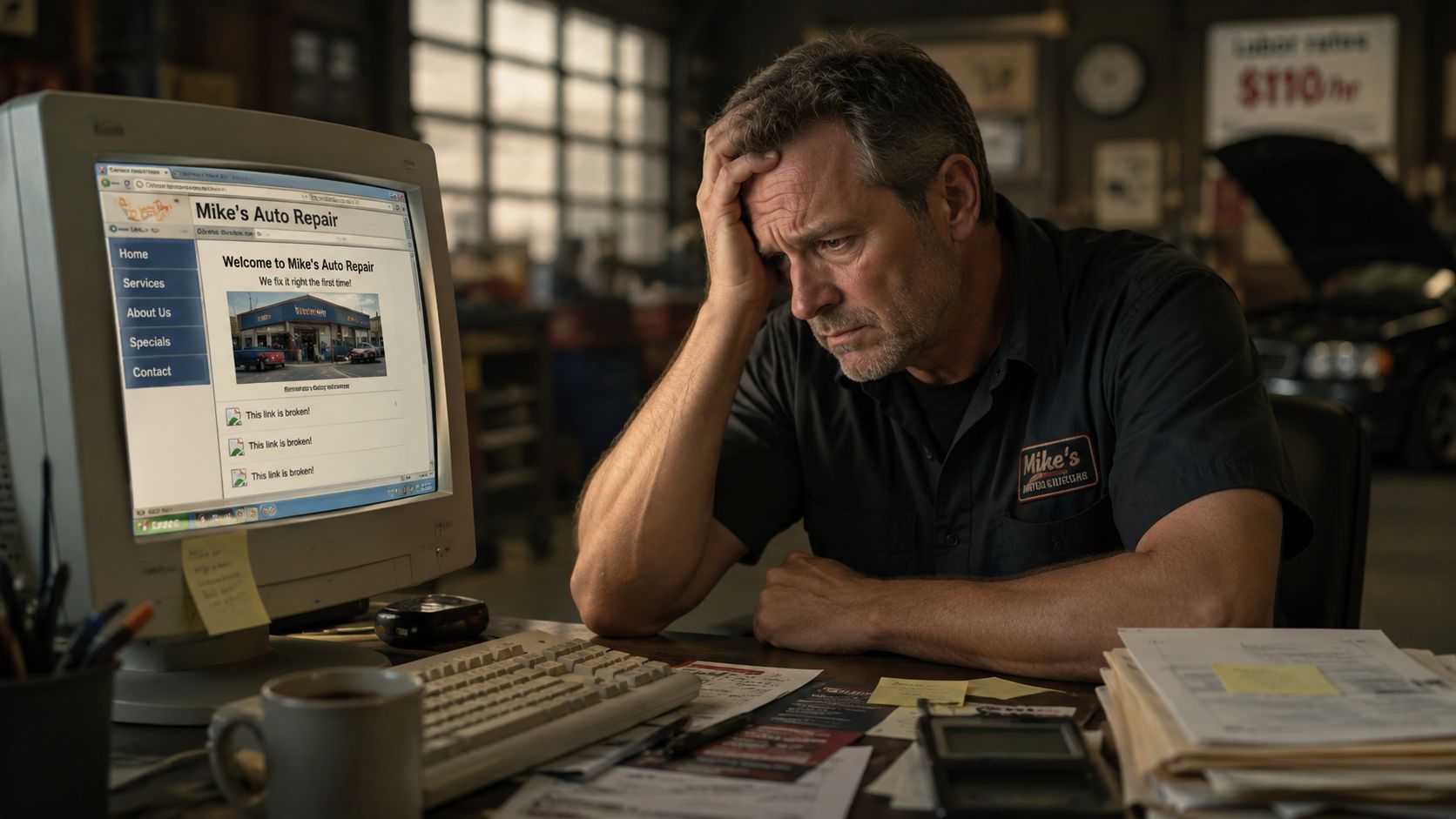 A frustrated mechanic sits at a computer desk looking at a poorly designed, broken auto repair website.