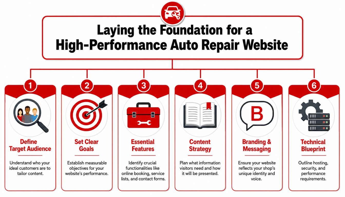 A six-step infographic illustrating the essential stages for building a professional and effective auto repair shop website.