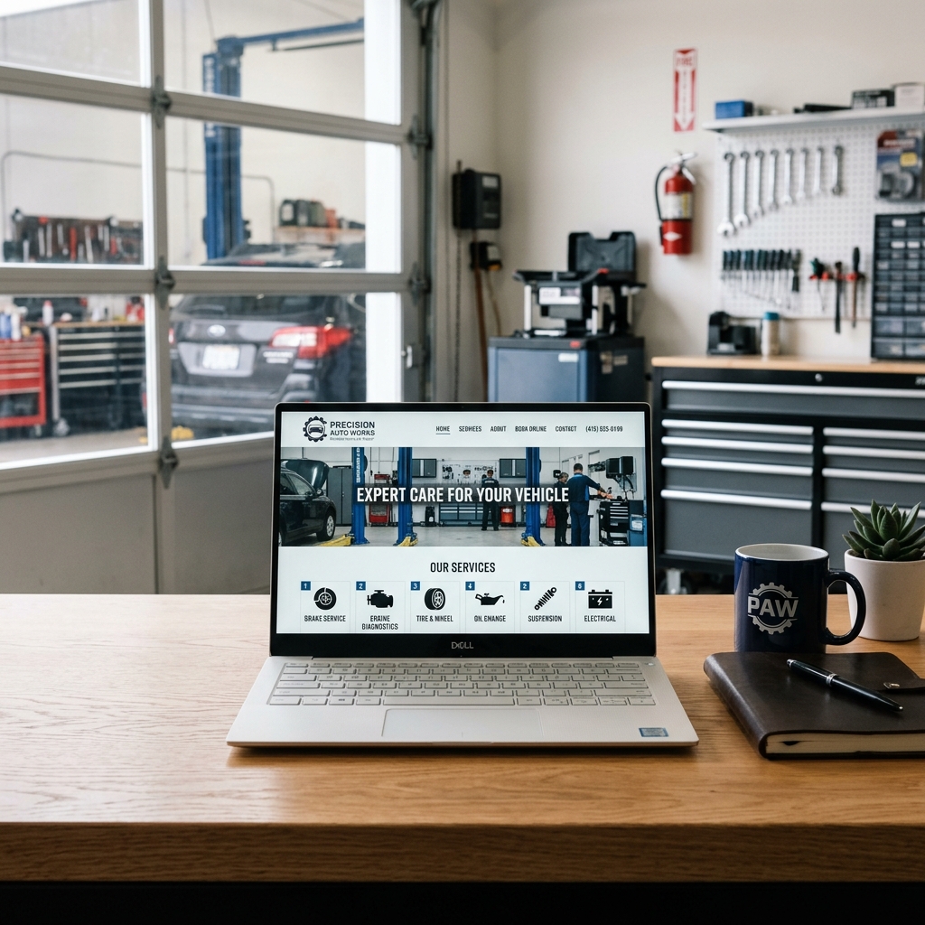 auto repair shop website displayed on a laptop screen showing a clean service menu with oil change, brakes, and tire options
