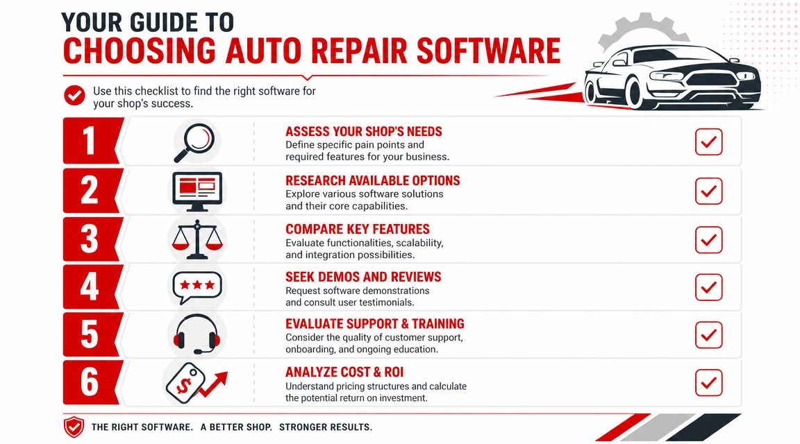 A six-step checklist infographic for choosing the best auto repair software for your shop's success.