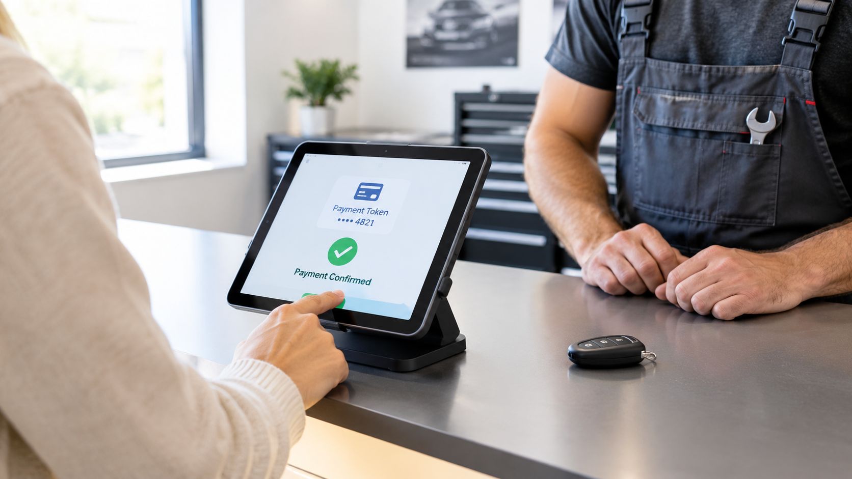 A customer makes a payment on a touchscreen tablet at an auto repair shop service desk.