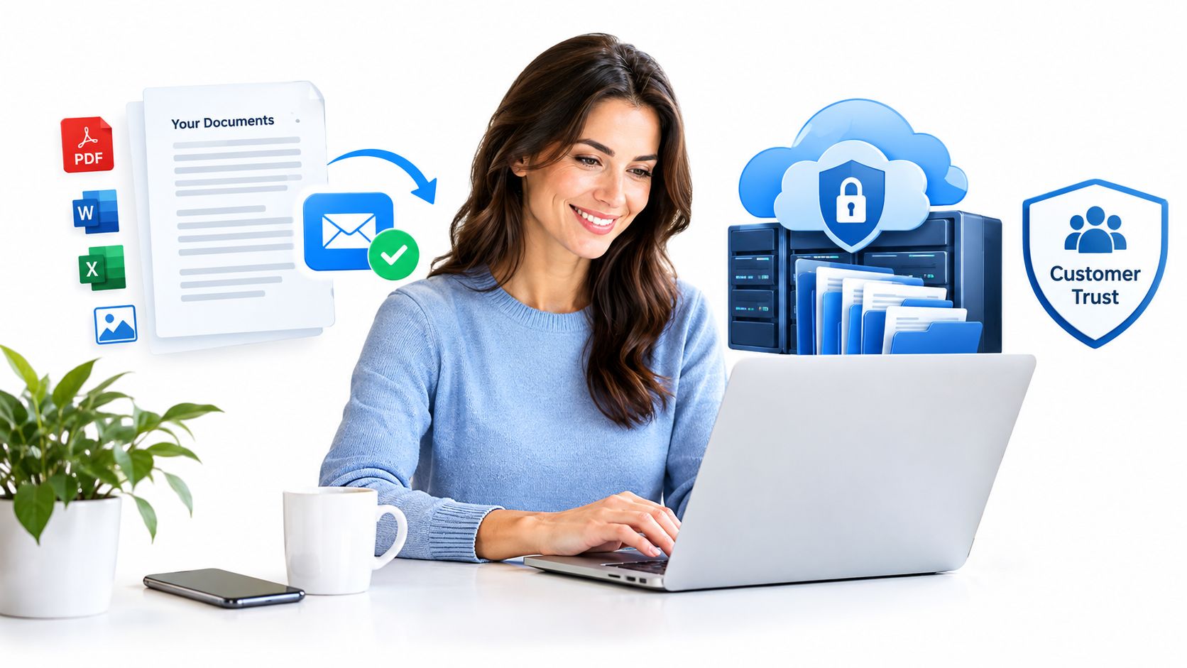 A woman working on a laptop surrounded by digital icons representing secure document management and cloud storage.