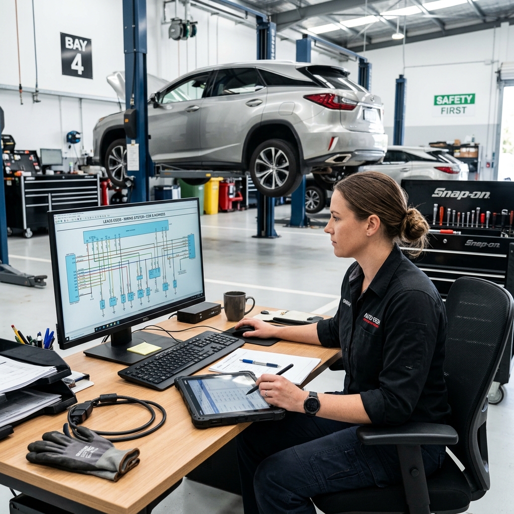 Auto repair technician at a workstation reviewing detailed wiring diagrams and OEM repair data on a computer screen in a modern shop.