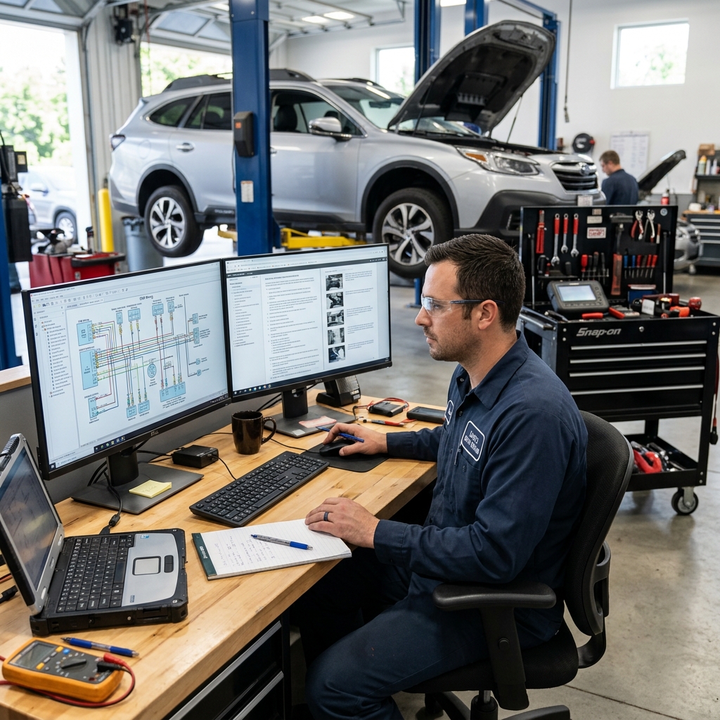 Auto repair technician at a workstation reviewing wiring diagrams and OEM repair procedures on a computer screen in a modern shop