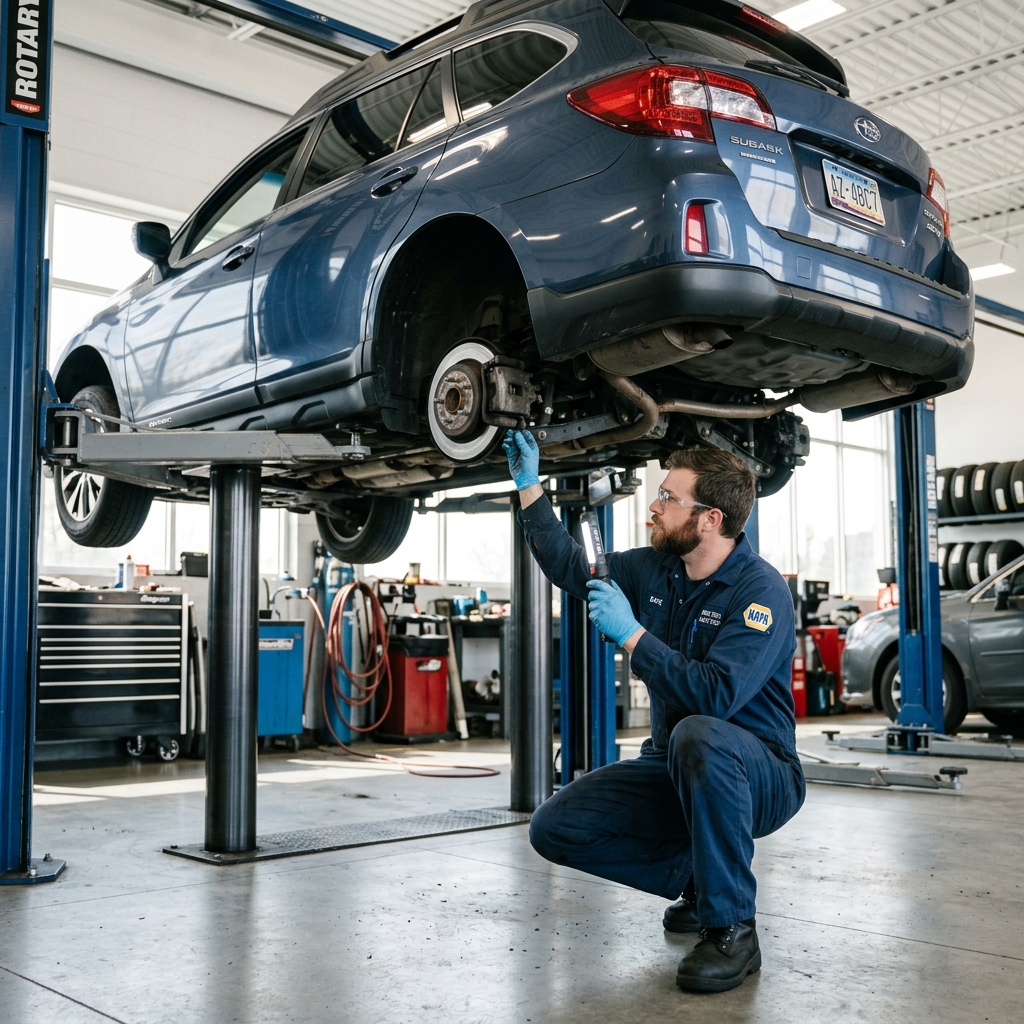 Auto repair technician in coveralls performing a detailed vehicle inspection under a lifted car in a professional shop.