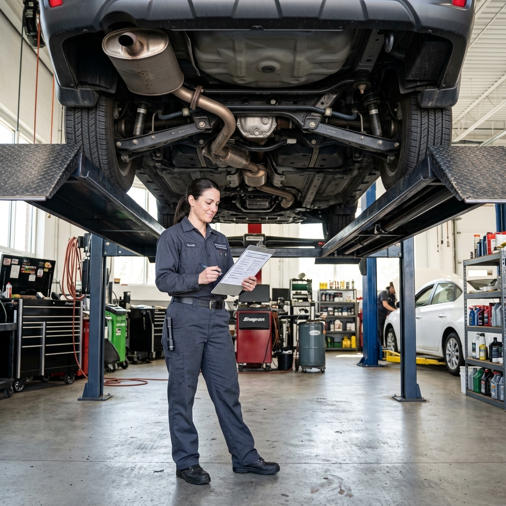 Auto repair technician inspecting a vehicle checklist on a clipboard beside a lifted car in a well-lit shop.