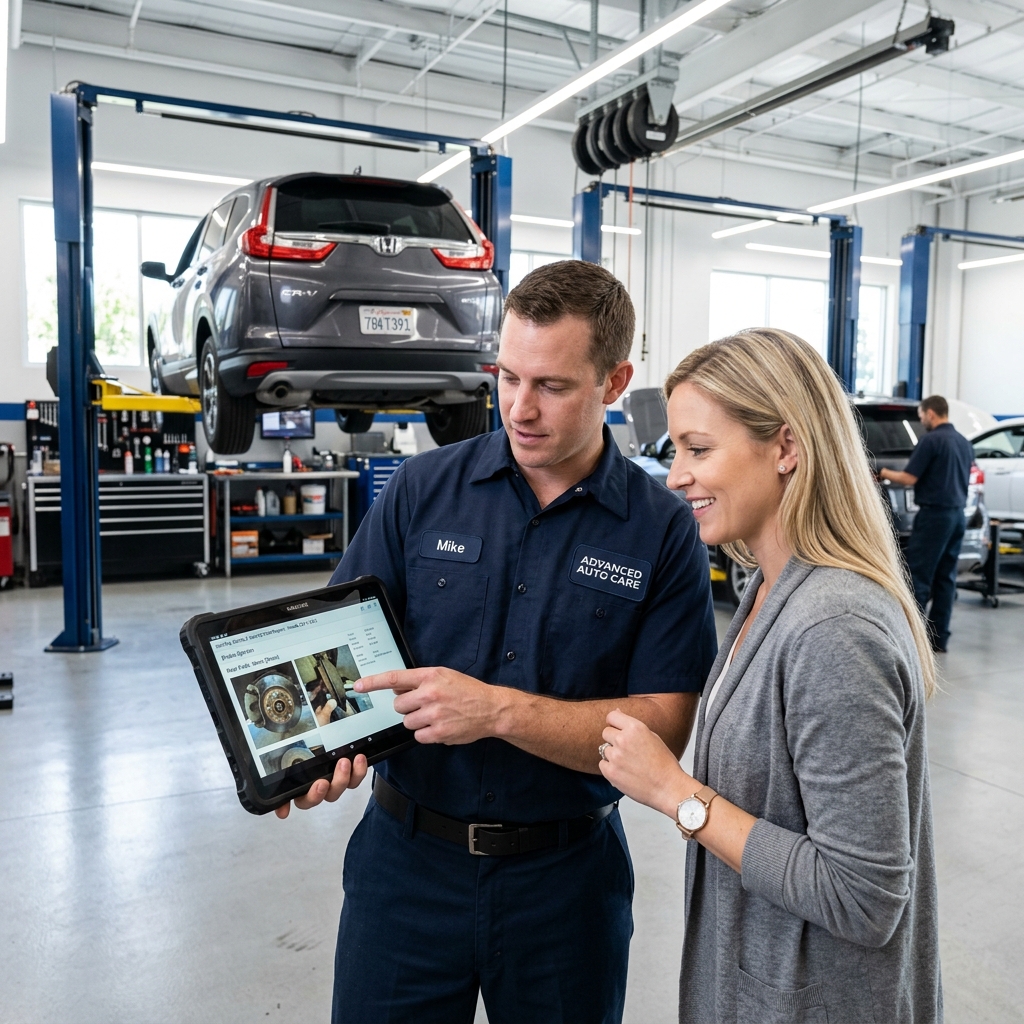 auto repair technician on a tablet showing a customer digital vehicle inspection photos in a modern shop bay