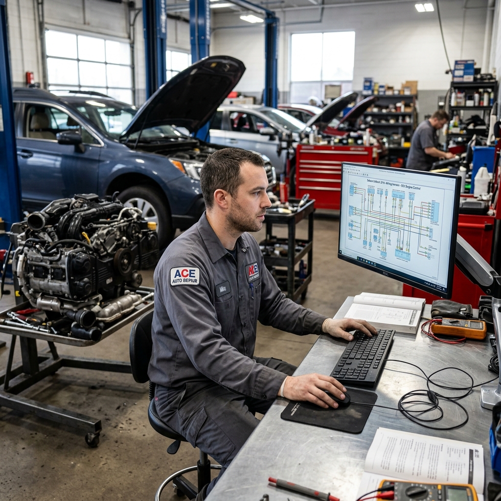 Auto repair technician referencing OEM wiring diagrams on a shop computer monitor while working on a vehicle engine bay.