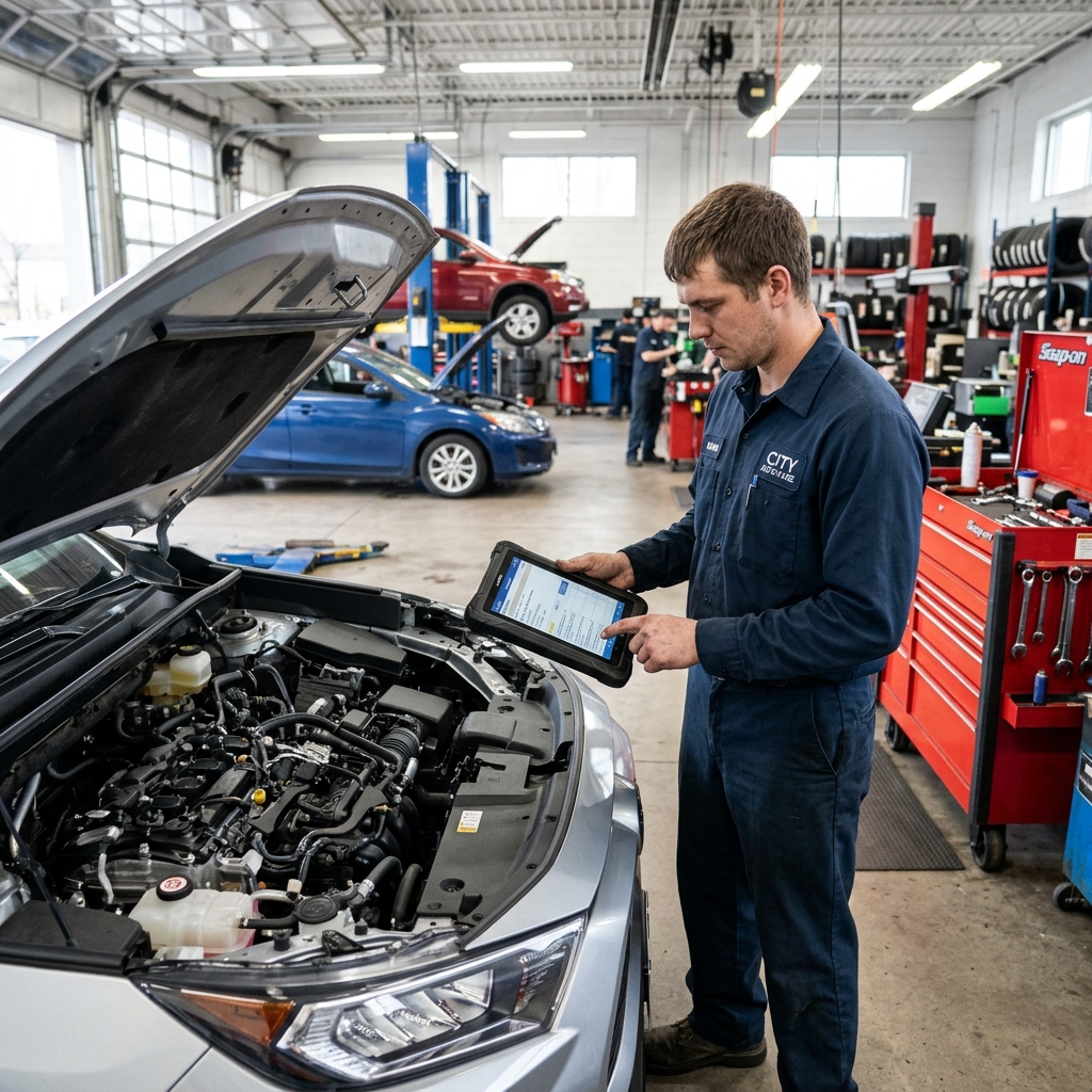 Auto repair technician using a diagnostic tablet beside an open car hood, reviewing fault code data in a busy workshop.