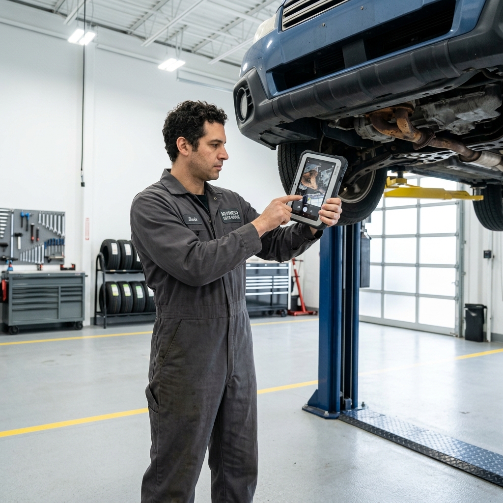auto repair technician using a tablet to document vehicle inspection findings in a modern paperless shop workflow