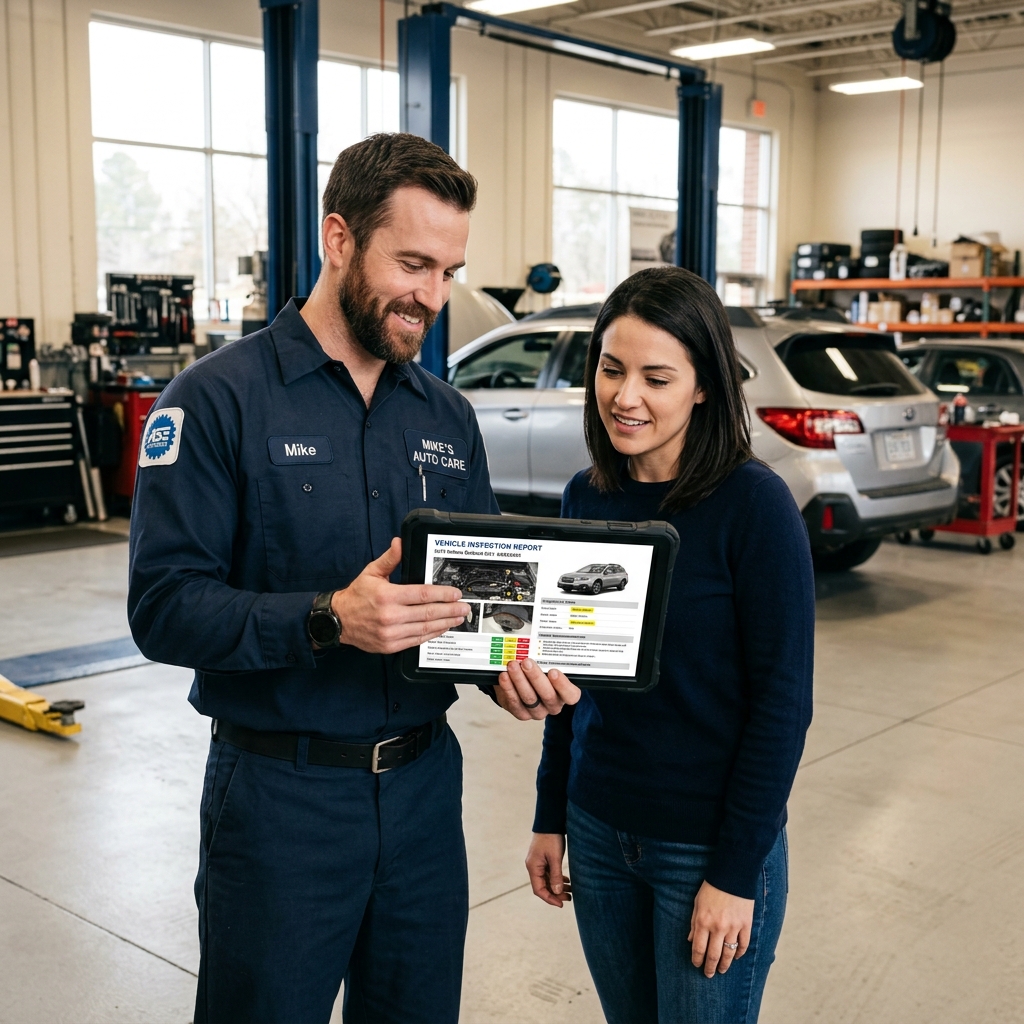 Auto repair technician using a tablet to show a customer a digital vehicle inspection report with photos in a modern shop