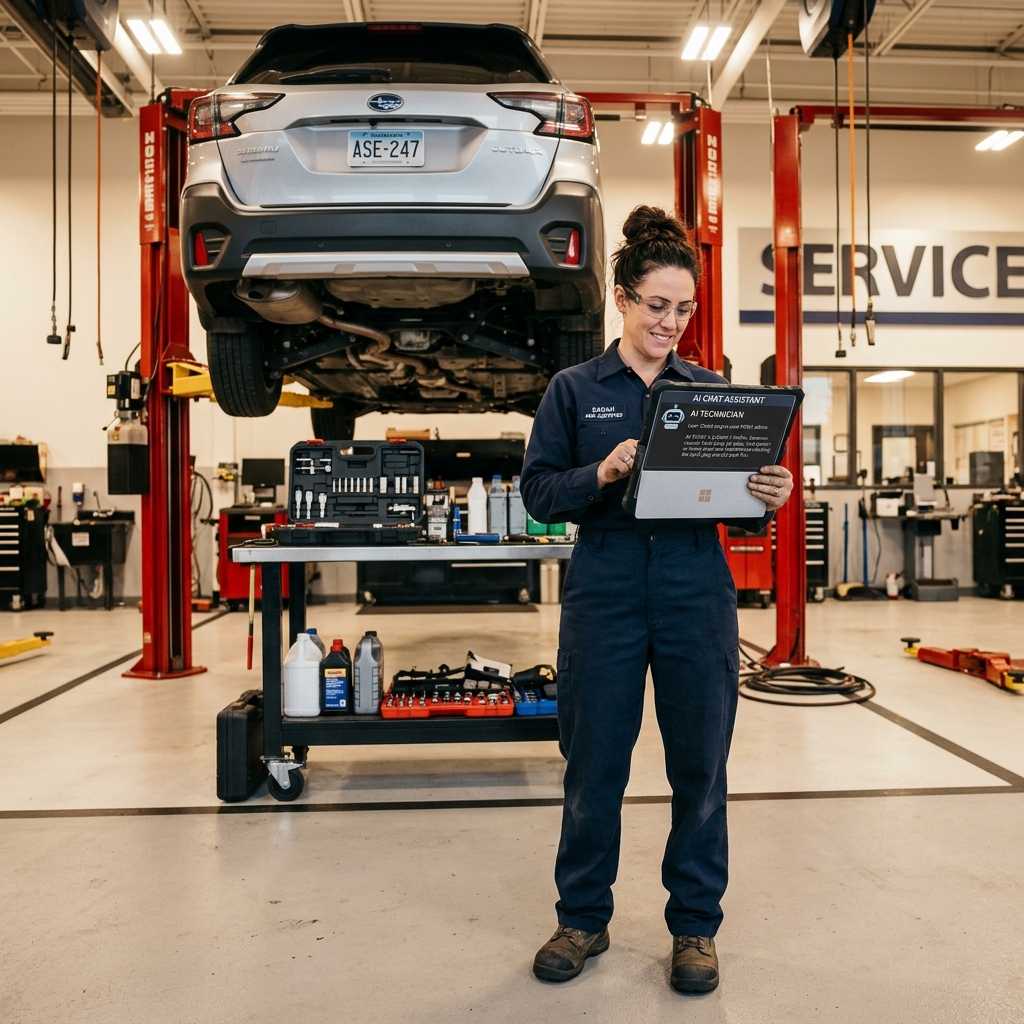 auto repair technician using a tablet with AI assistant interface in a modern car repair shop bay