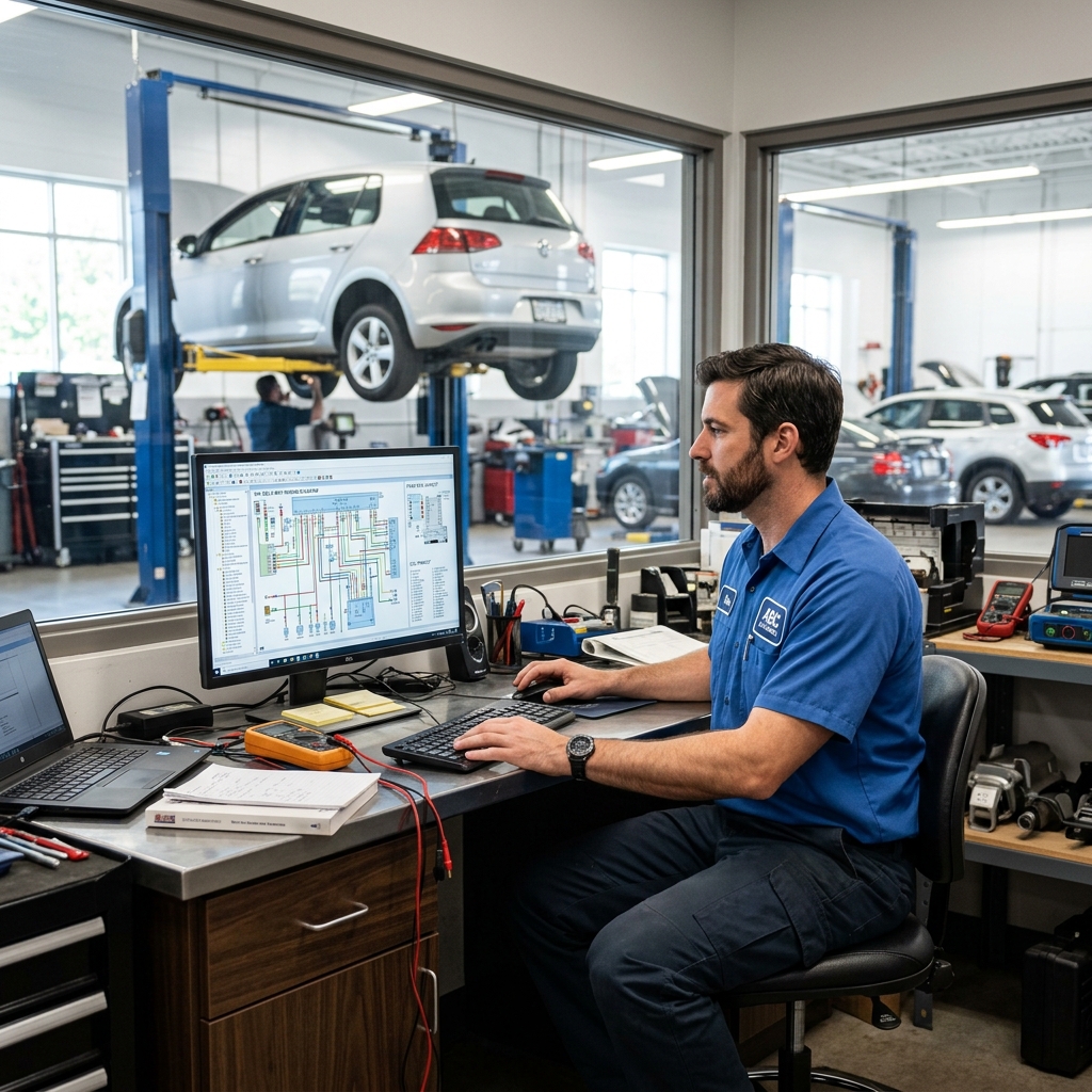 Auto repair technician using Mitchell 1 shop management software on a desktop to access OEM wiring diagrams for a vehicle diagnostic
